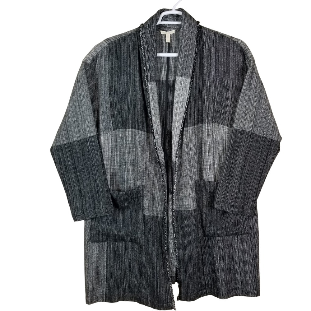 Eileen Fisher Woman Organic Cotton Colorblock Open Front Cardigan Jacket OS Gray